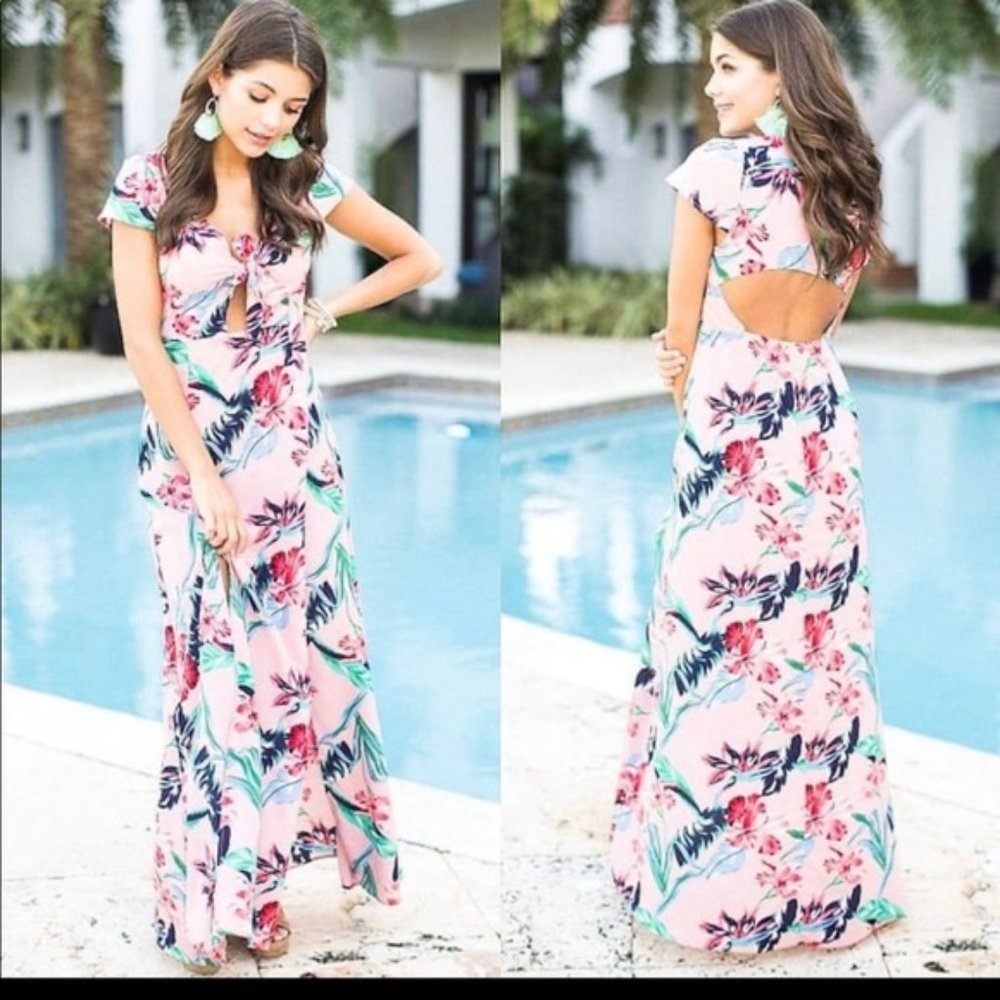 Tropical dress maxi floral cut out tie front